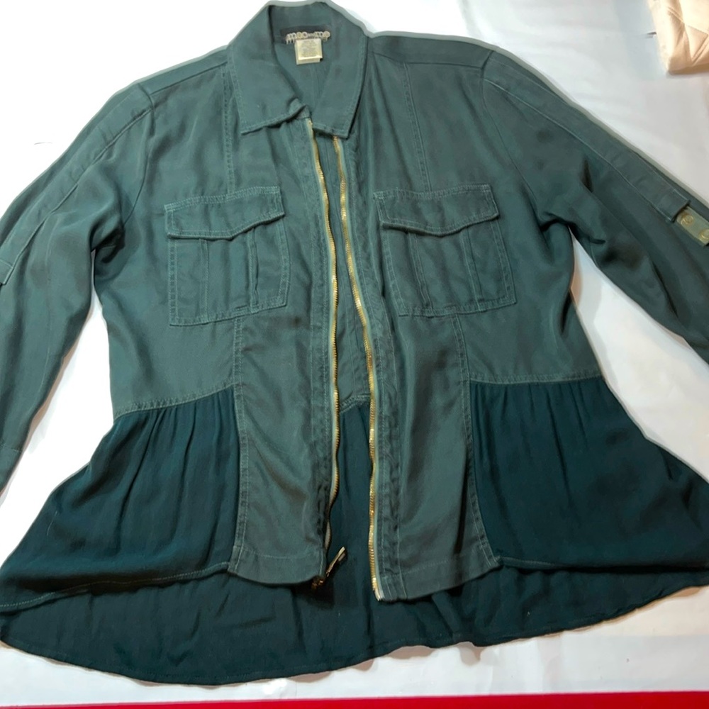 Mac and me Green Flowy zip JACKET office peplum ruffle pockets roll tab sleeves